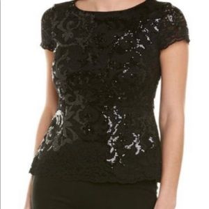 NWT Brooks Brothers black sequin lace blouse -sz 14 cap sleeves,